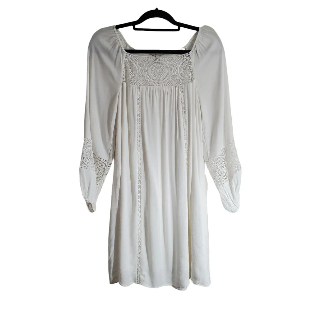 S Joie Square Neck White Peasant Dress Crochet Lace Trim Long Sleeve Mini Short